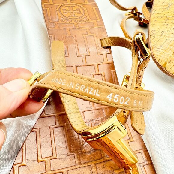 Tory Burch Pauline Tan Leather Demi Wedge Slingback Thong Size 6 M Sandals - Picture 14 of 15